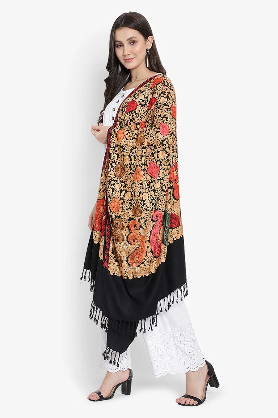 Black Fine Wool Blend Embroidered Stole
