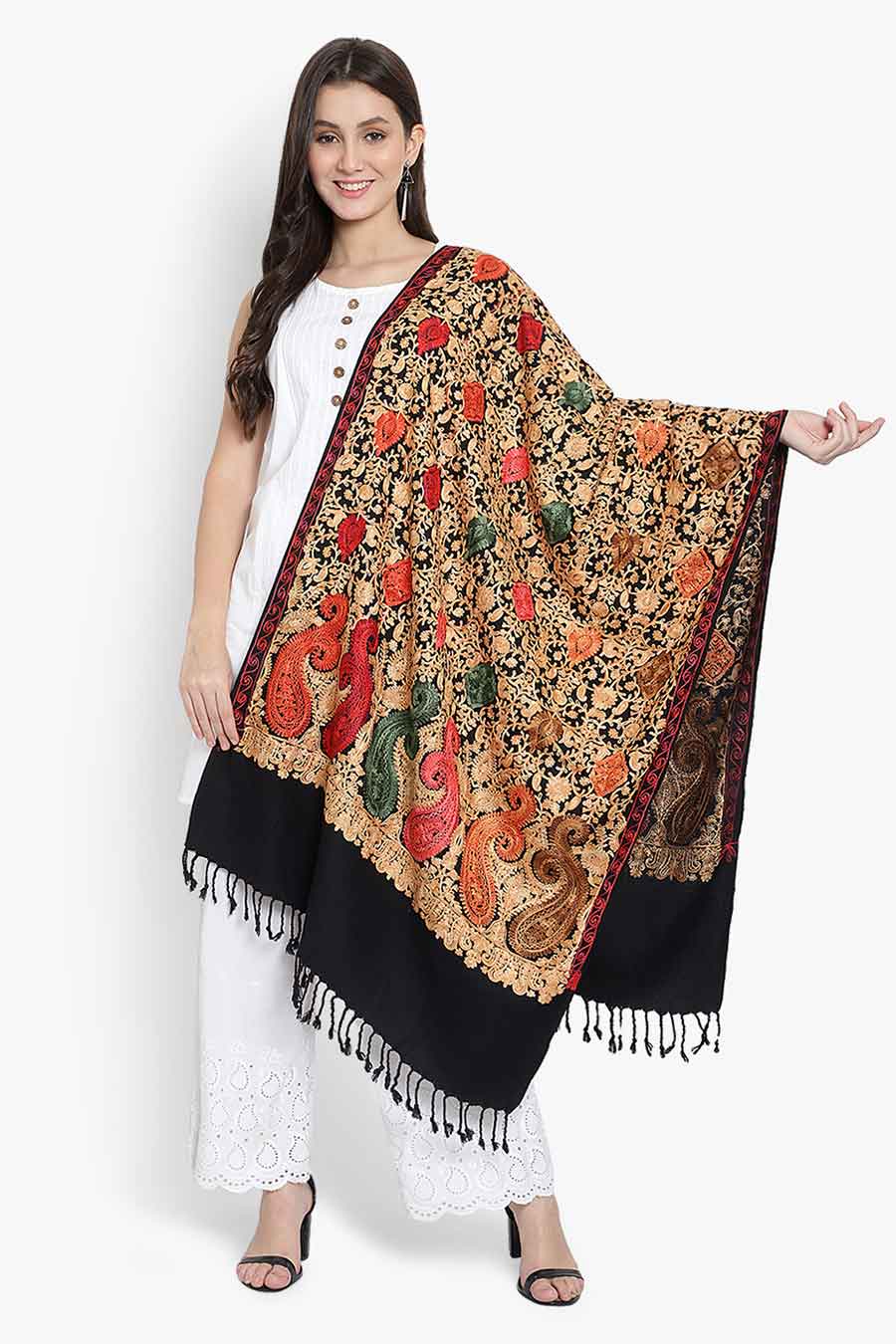 Black Fine Wool Blend Embroidered Stole