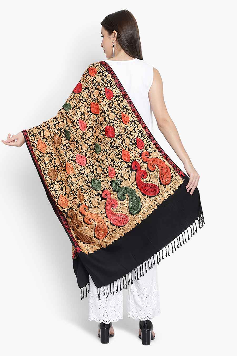 Black Fine Wool Blend Embroidered Stole