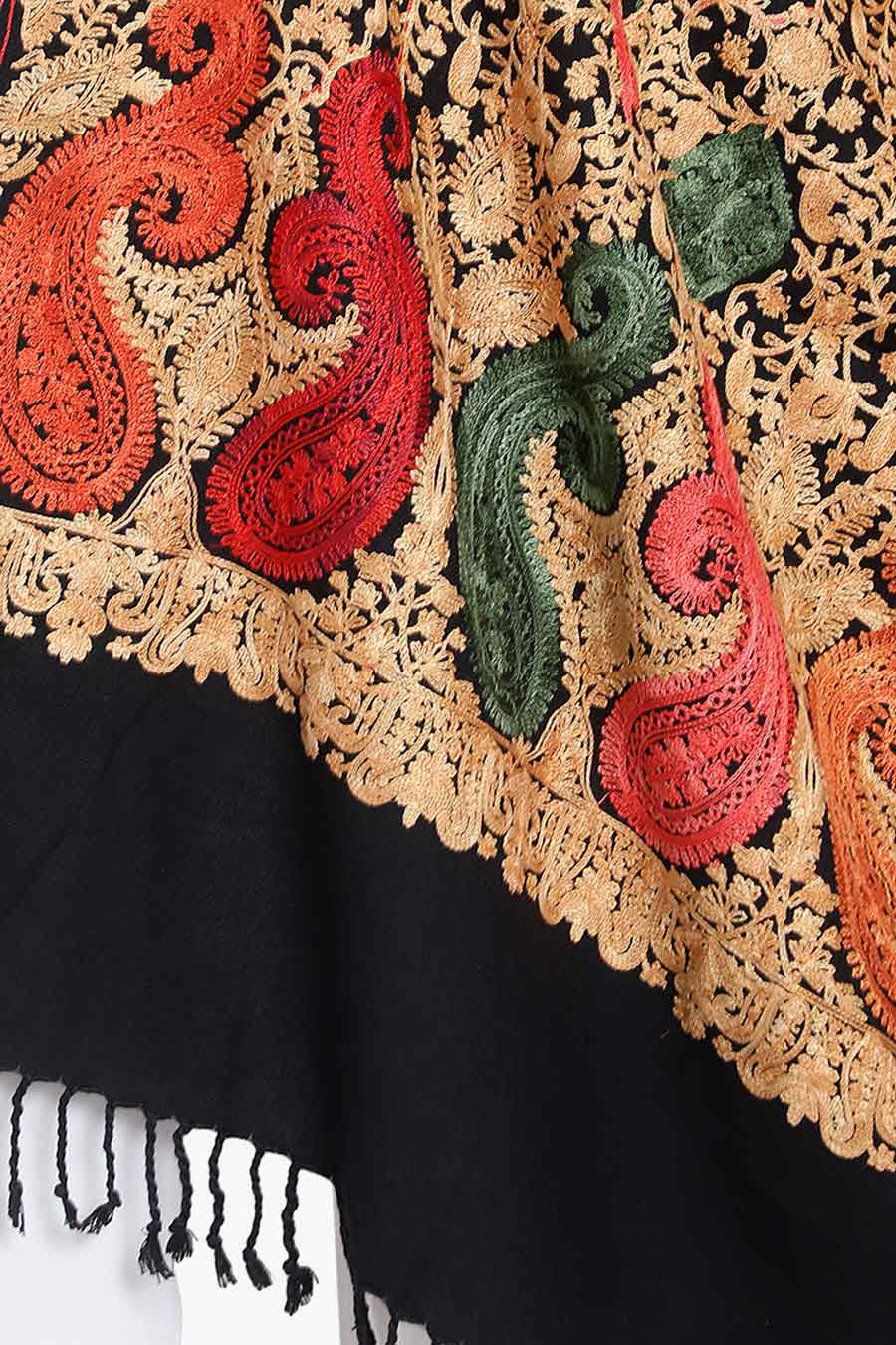 Black Fine Wool Blend Embroidered Stole