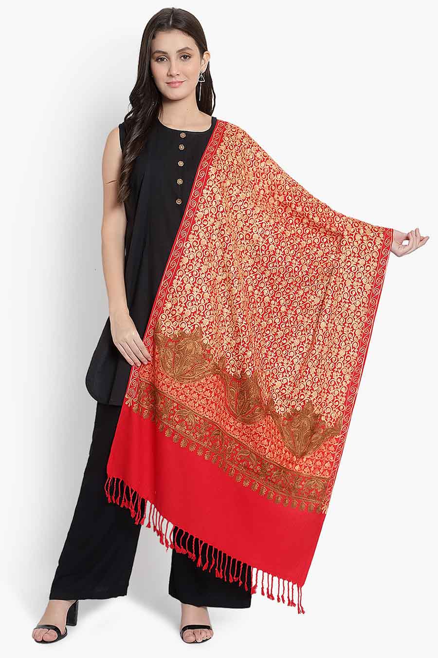 Red Fine Wool Blend Embroidered Stole