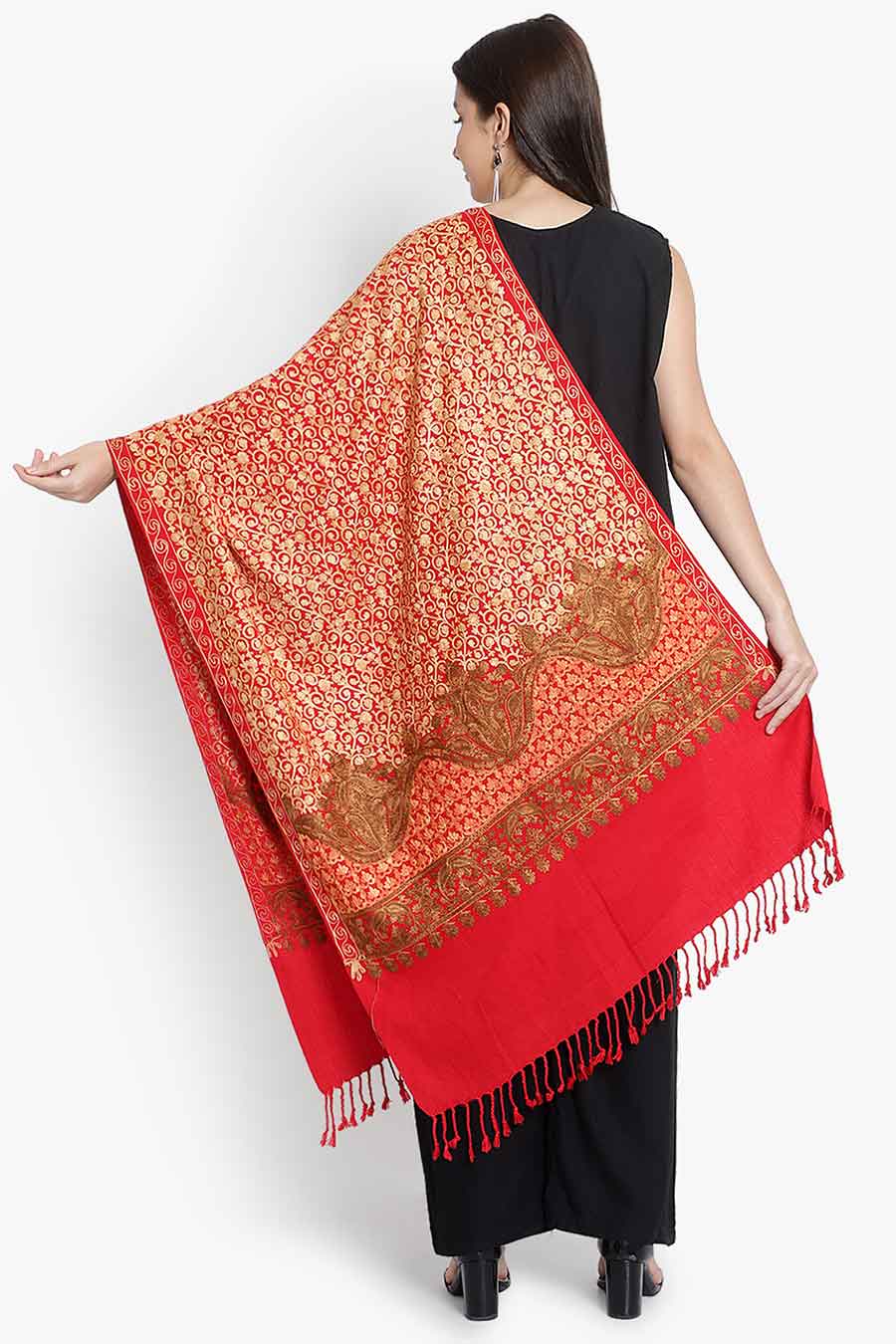Red Fine Wool Blend Embroidered Stole