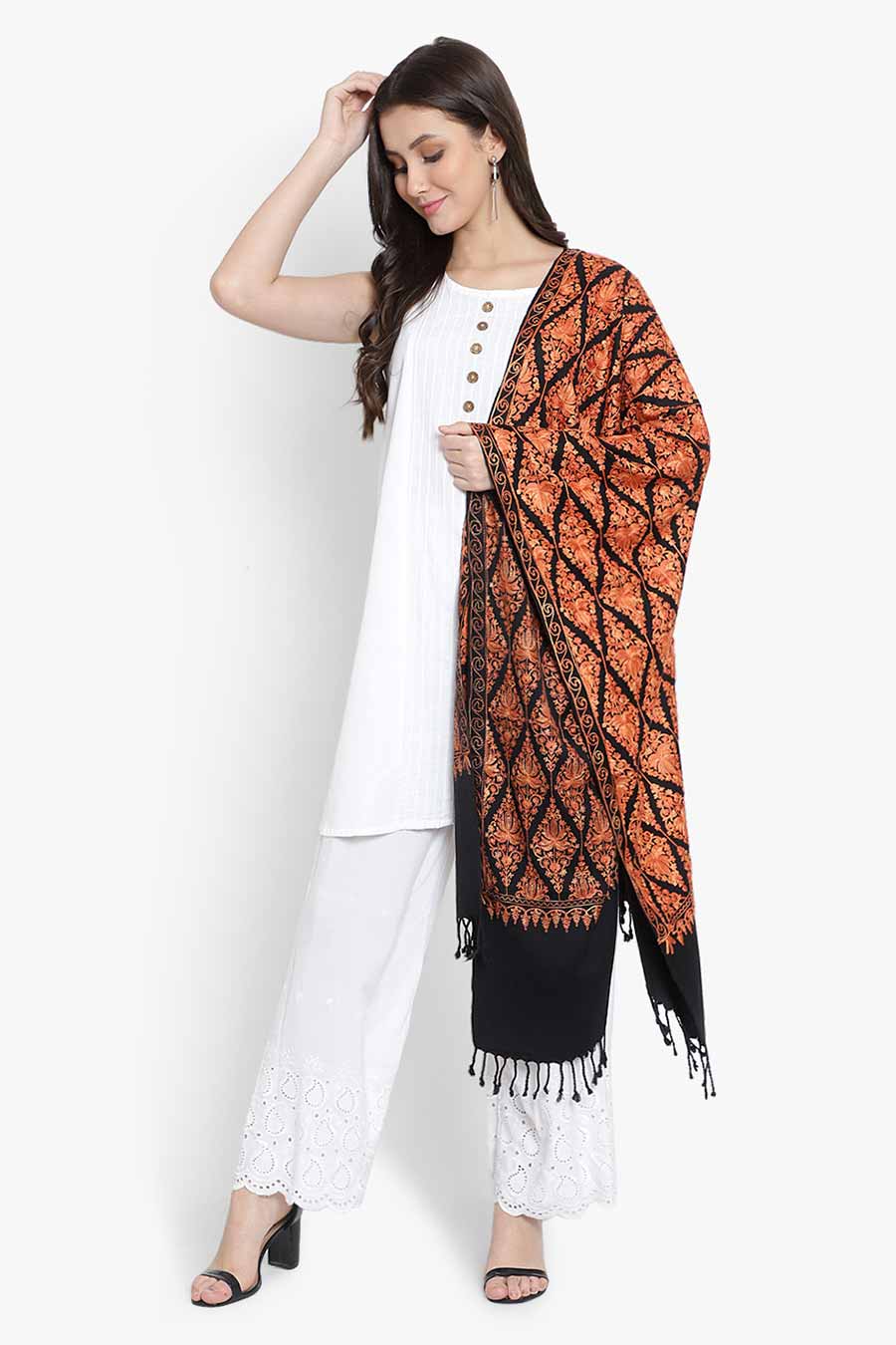 Red Fine Wool Blend Embroidered Stole