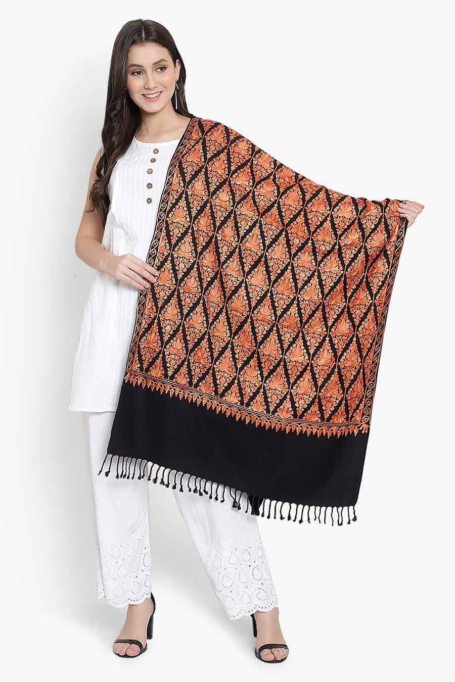 Red Fine Wool Blend Embroidered Stole