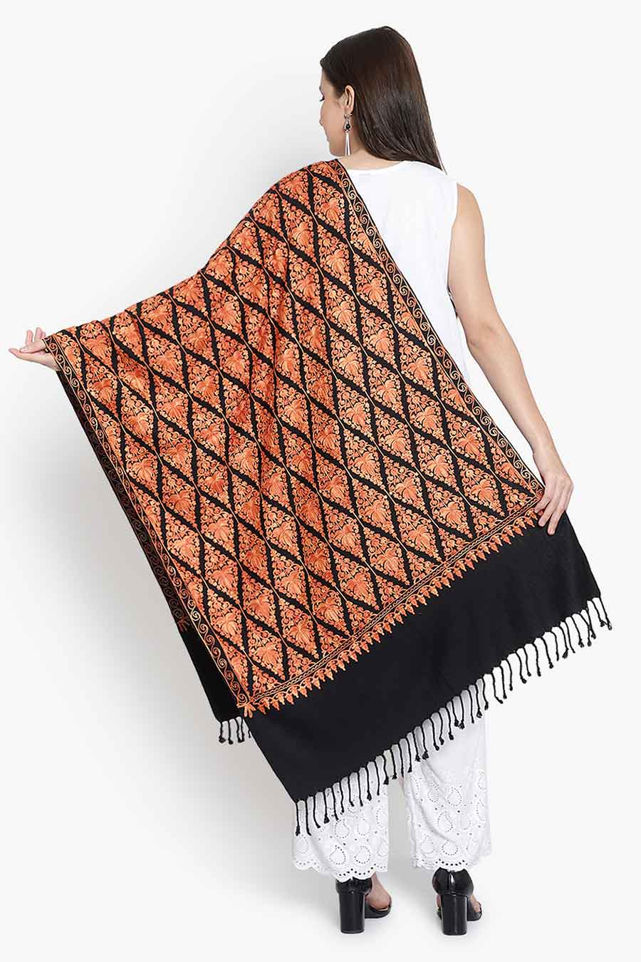 Red Fine Wool Blend Embroidered Stole