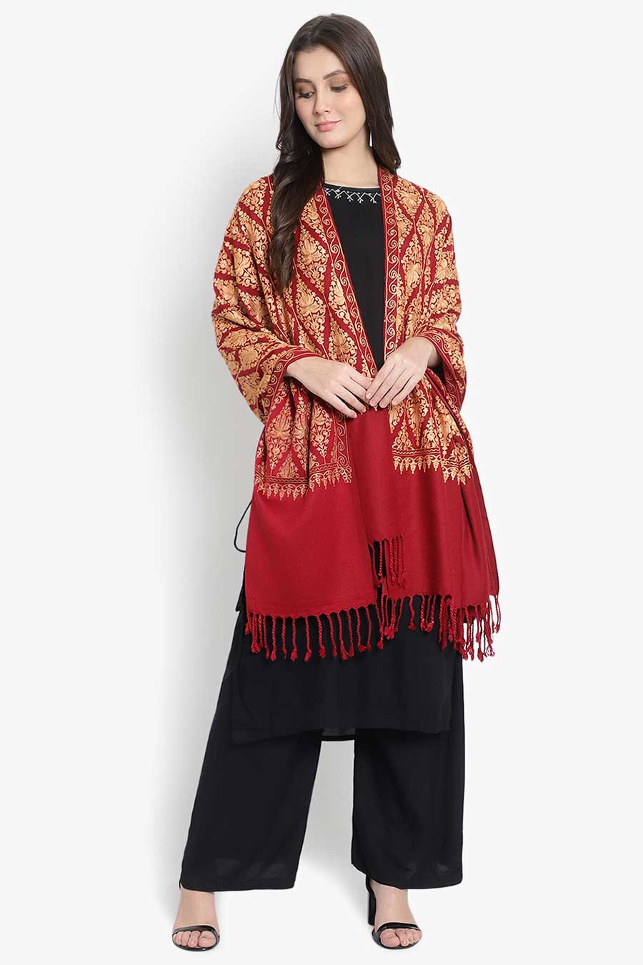 Red Fine Wool Blend Embroidered Stole