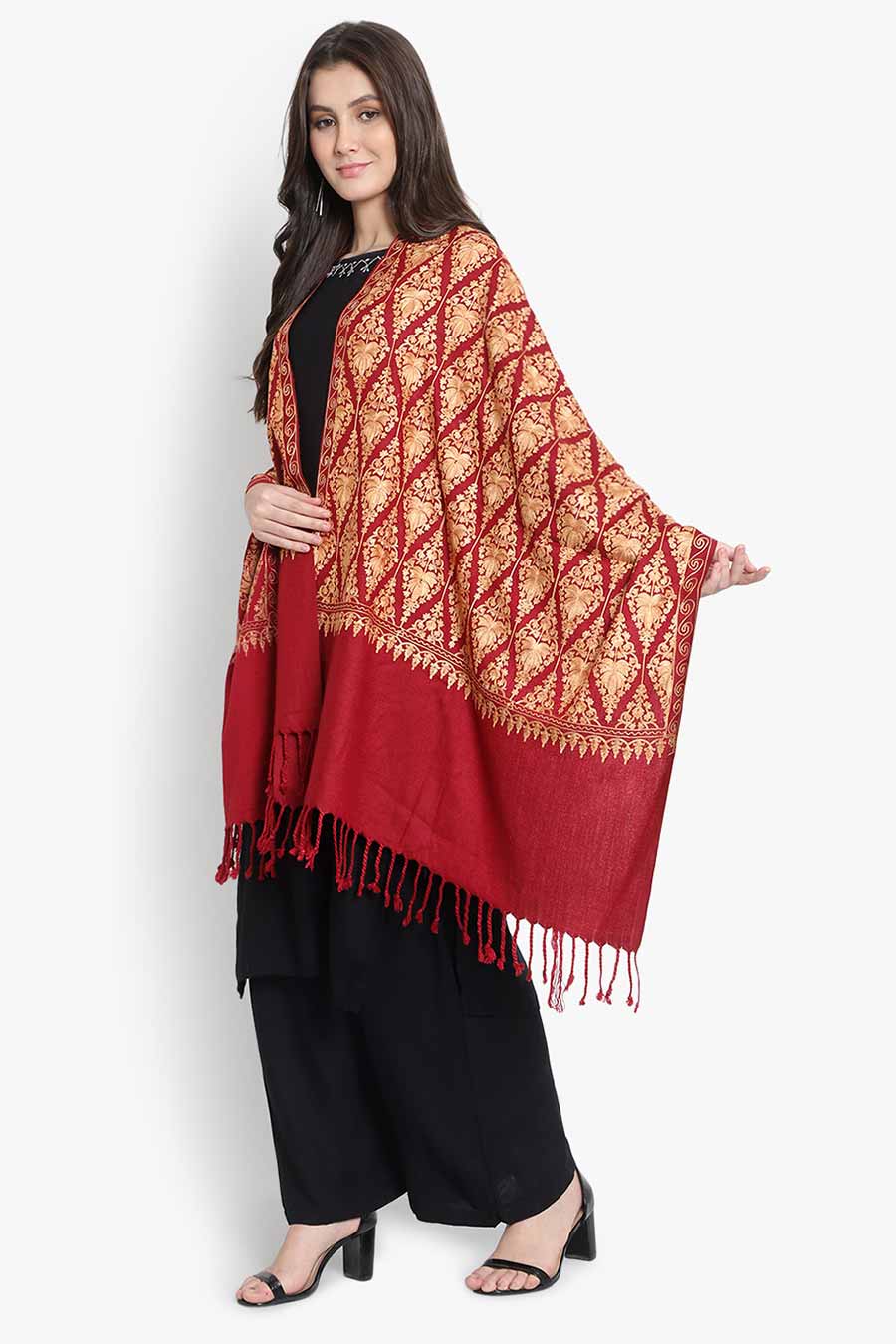 Red Fine Wool Blend Embroidered Stole