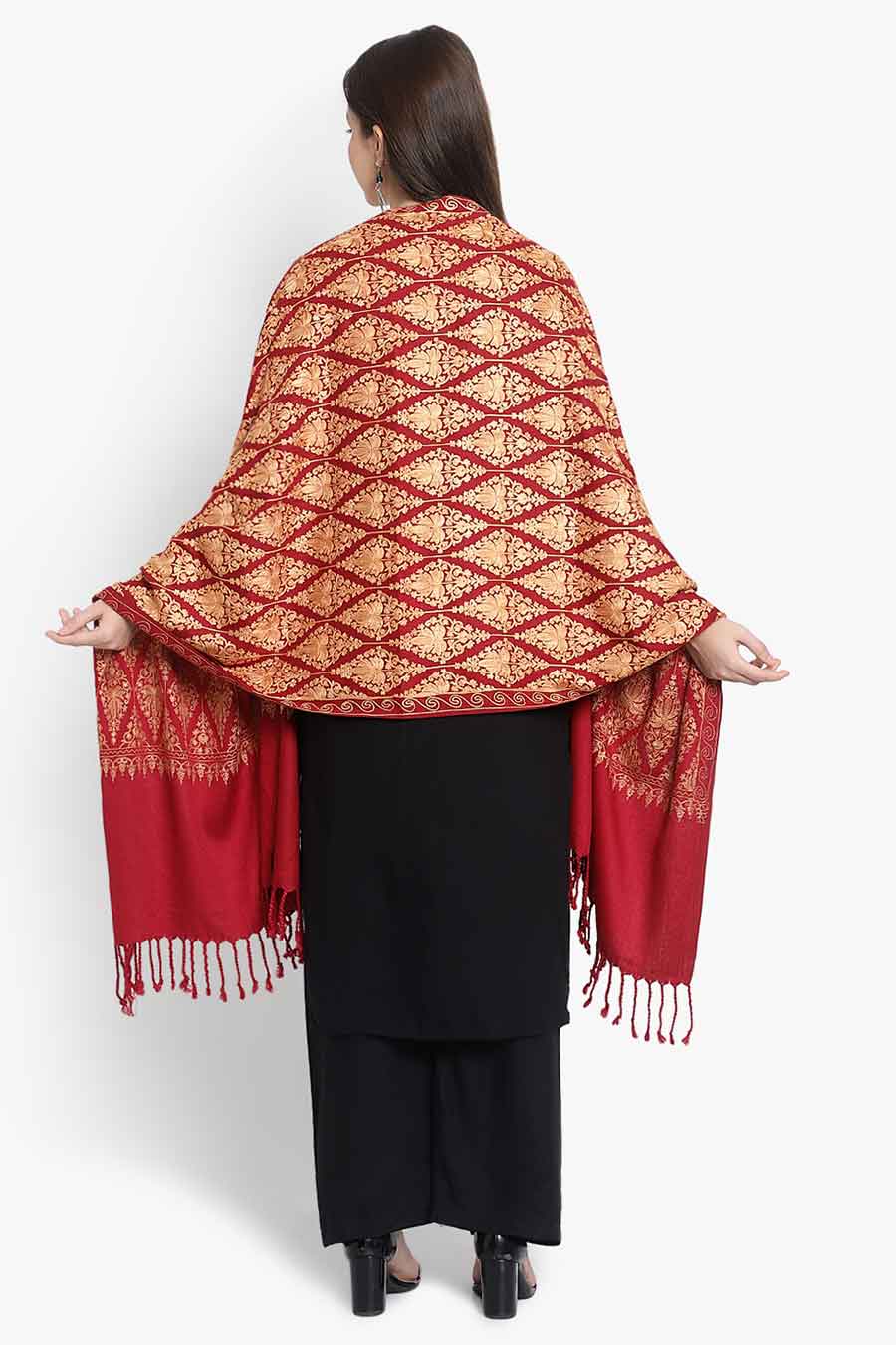 Red Fine Wool Blend Embroidered Stole