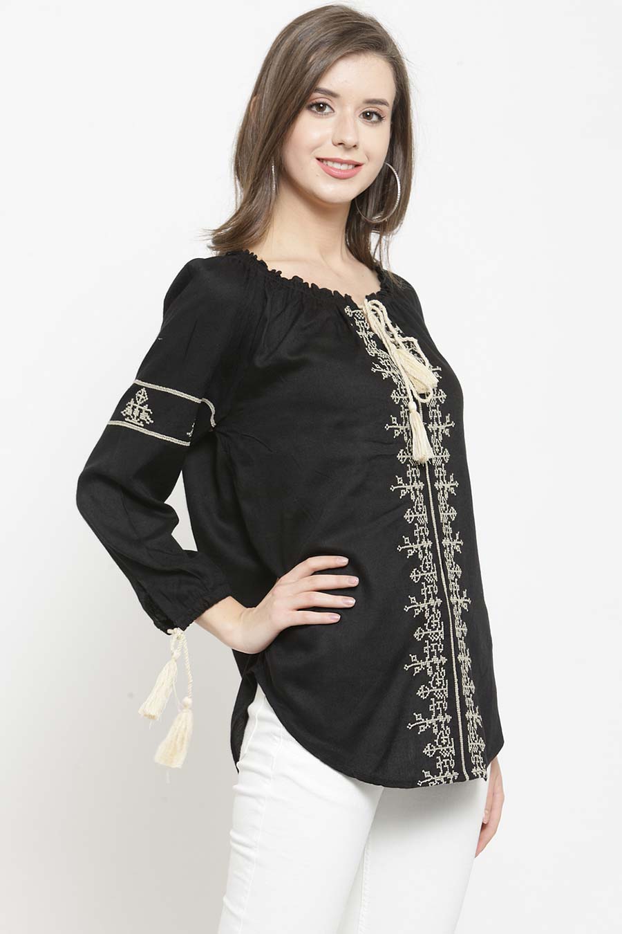 Black Cotton Embroidered Top