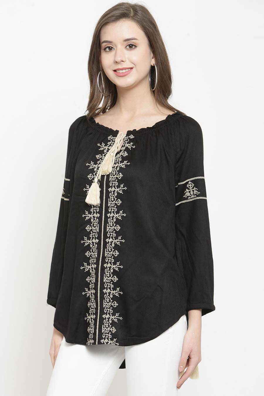 Black Cotton Embroidered Top