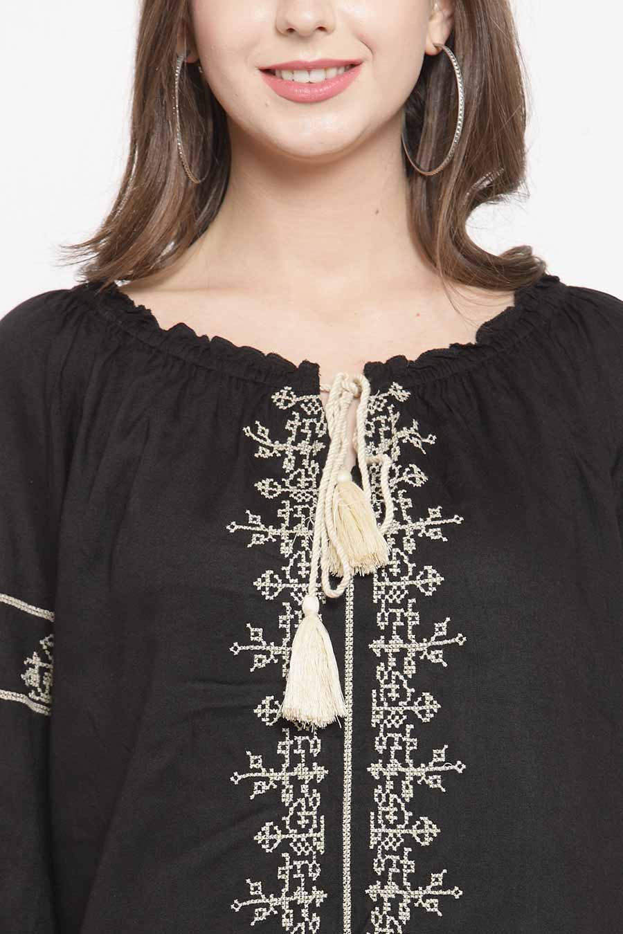 Black Cotton Embroidered Top