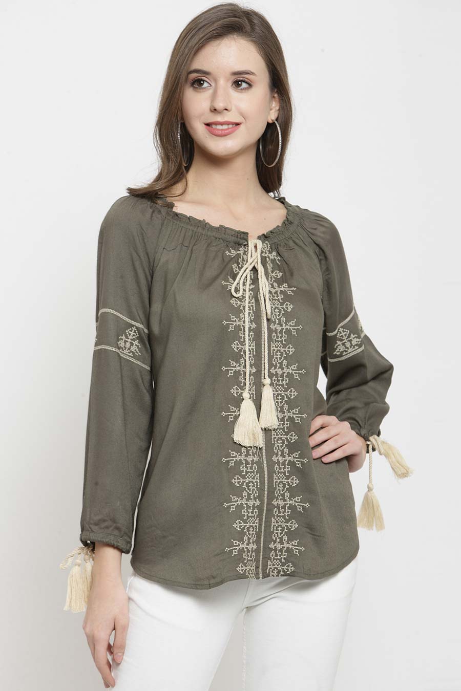 Olive Cotton Embroidered Top
