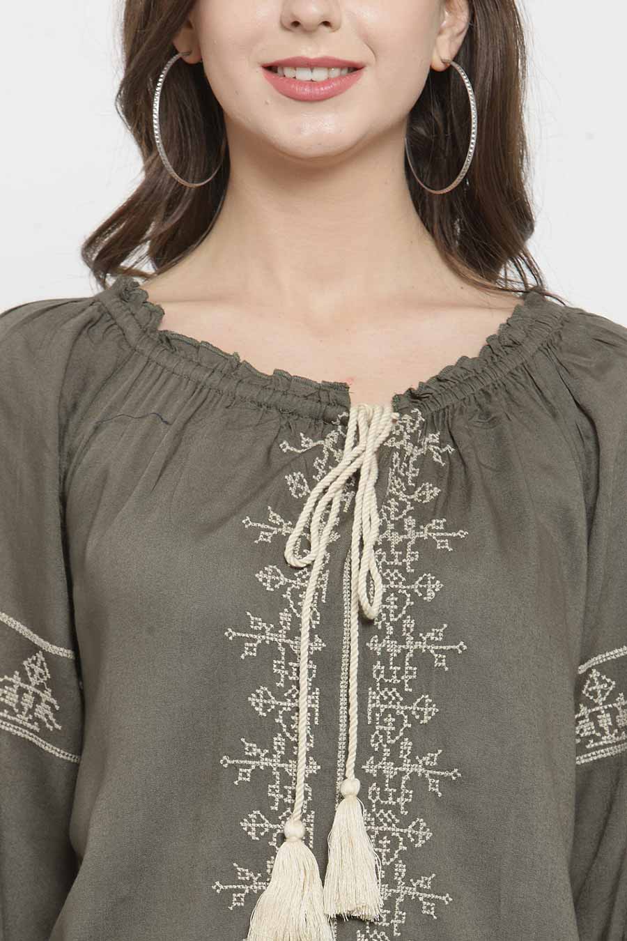 Olive Cotton Embroidered Top