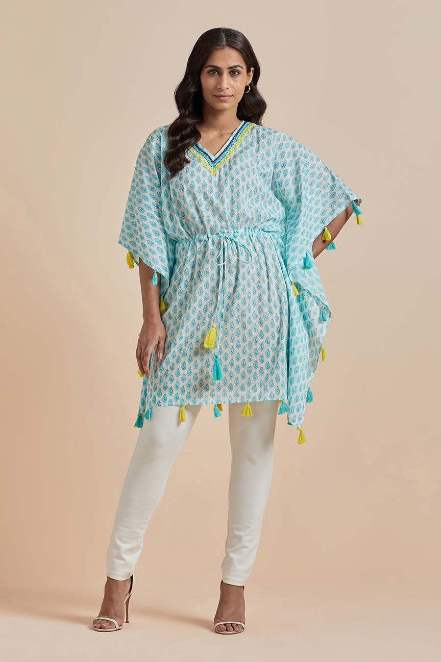 Green Cotton Printed Short Kaftan