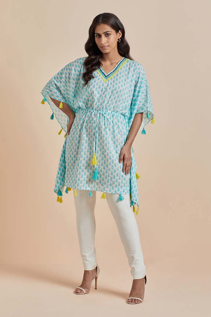 Green Cotton Printed Short Kaftan