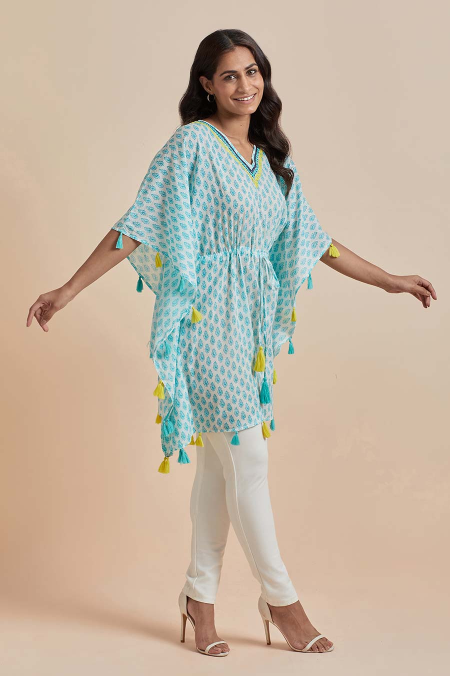 Green Cotton Printed Short Kaftan