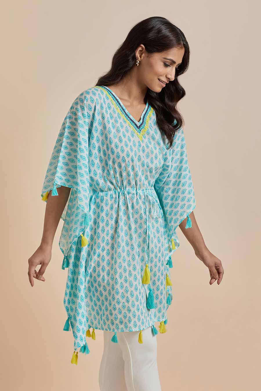 Green Cotton Printed Short Kaftan