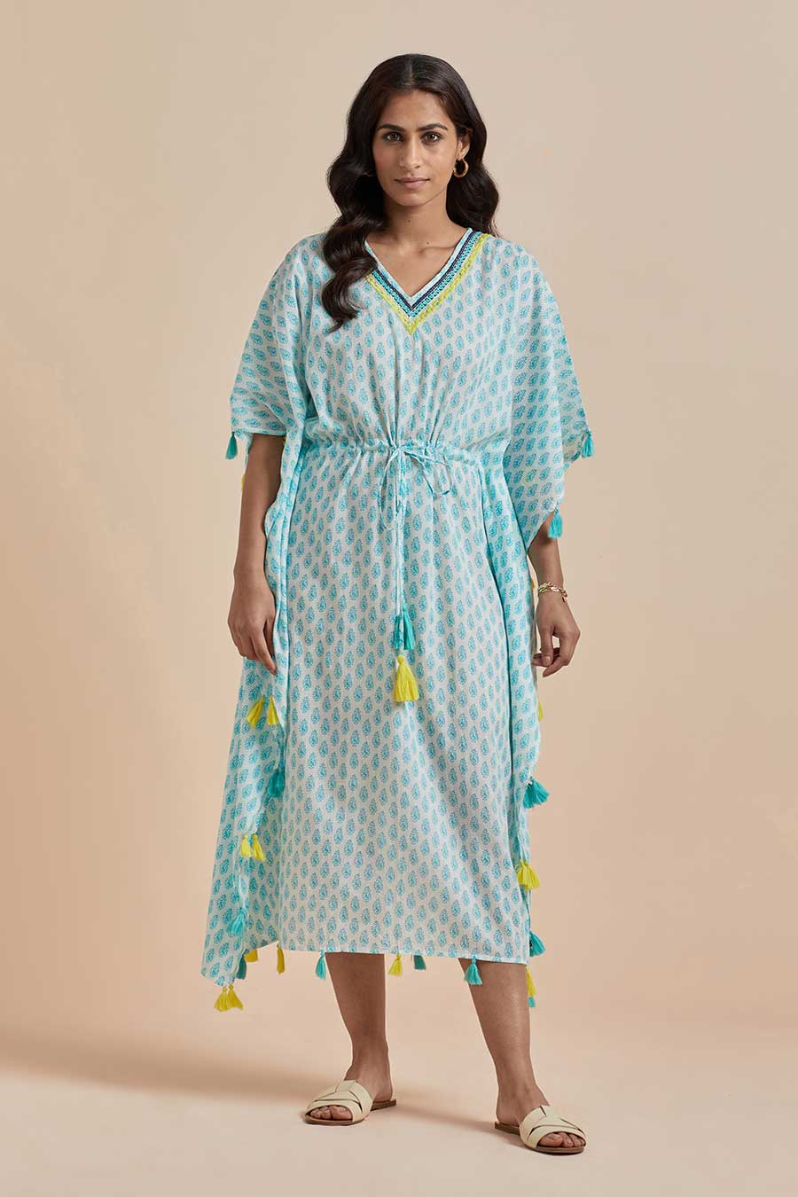 Green Cotton Printed Long Kaftan