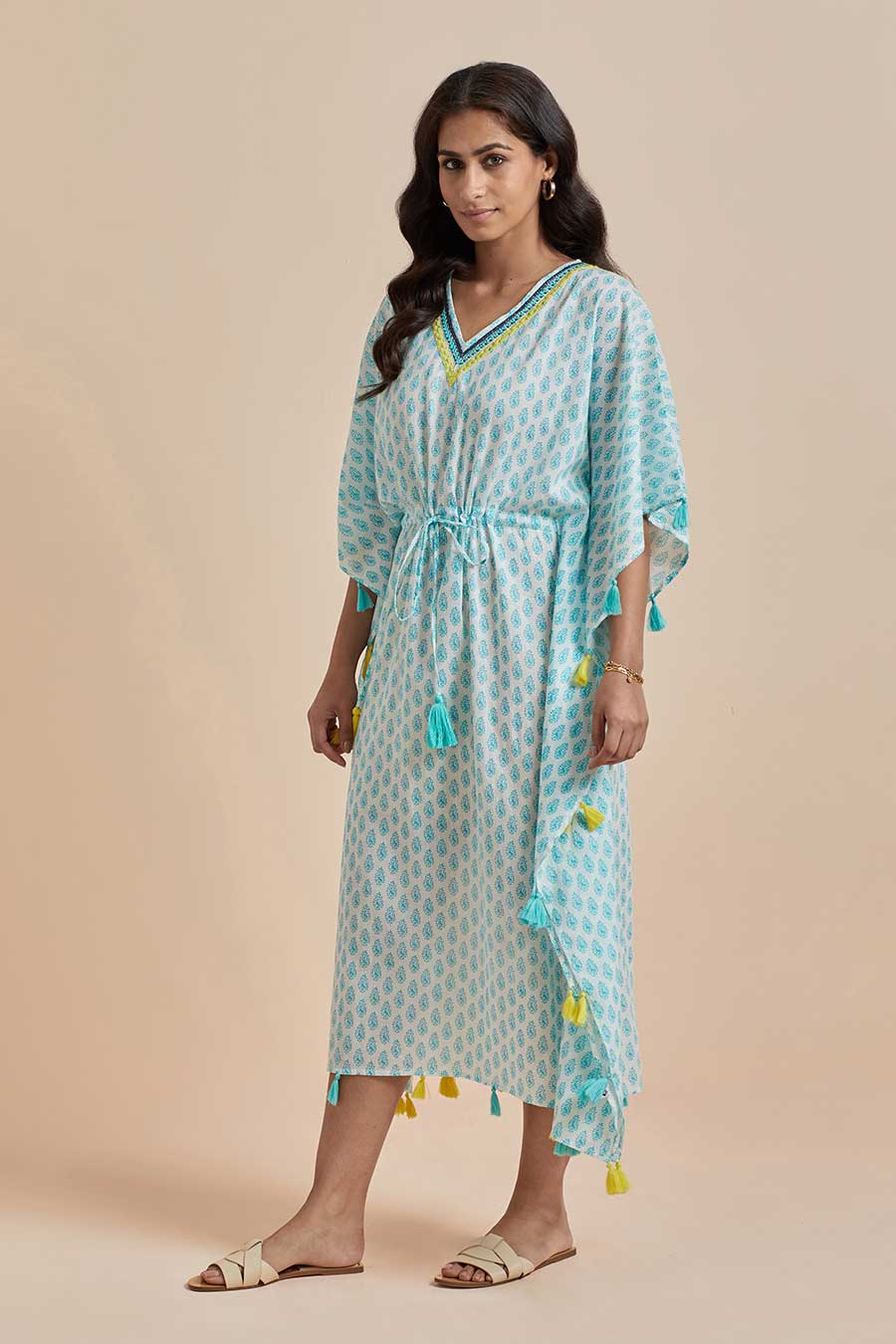 Green Cotton Printed Long Kaftan