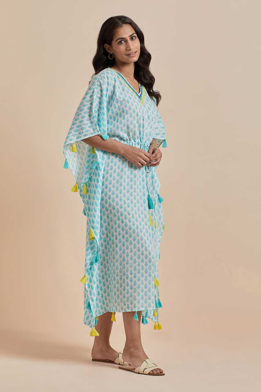 Green Cotton Printed Long Kaftan