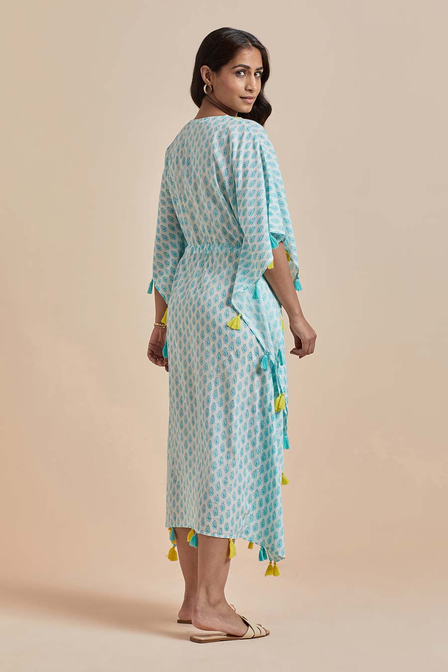 Green Cotton Printed Long Kaftan