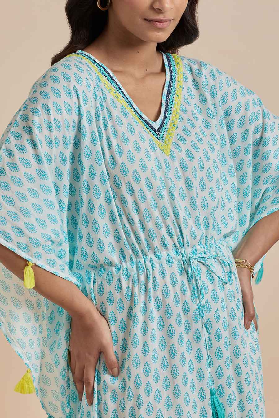 Green Cotton Printed Long Kaftan