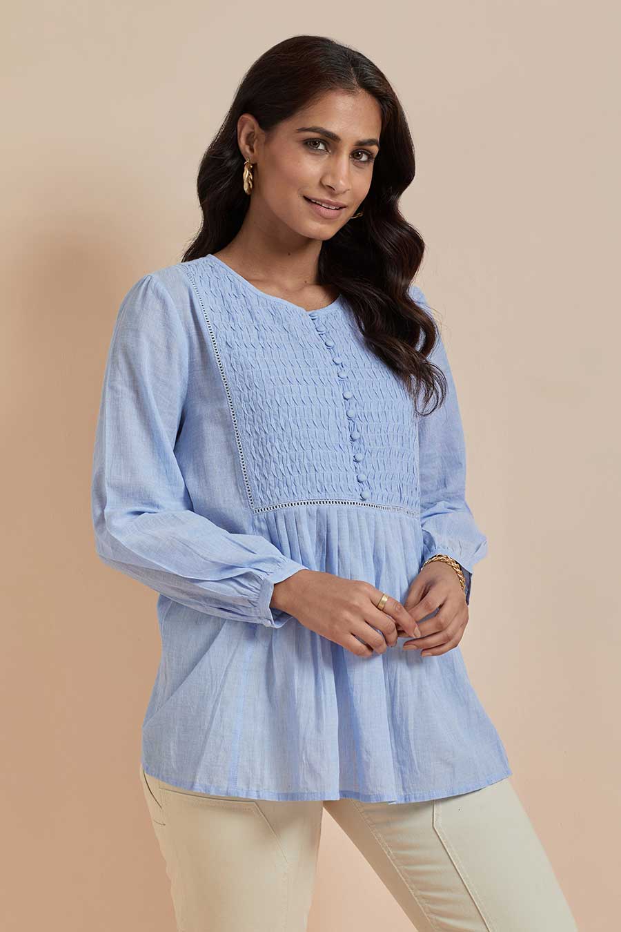 Blue Cotton Smocked Top