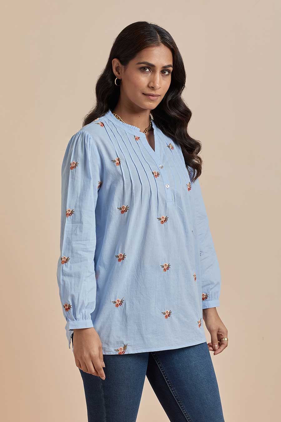 Blue Cotton Embroidered Top