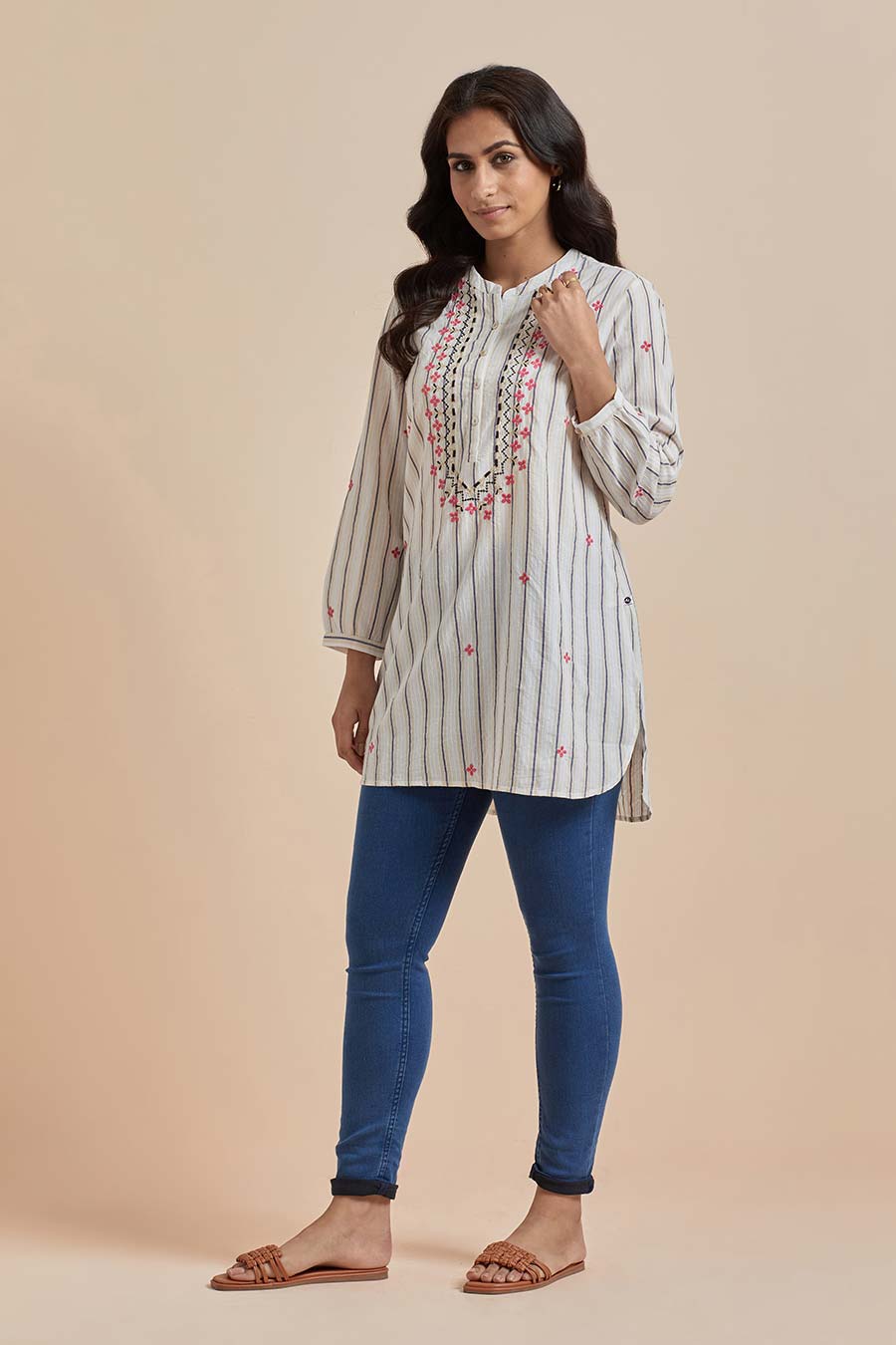 Beige Cotton Embroidered Top