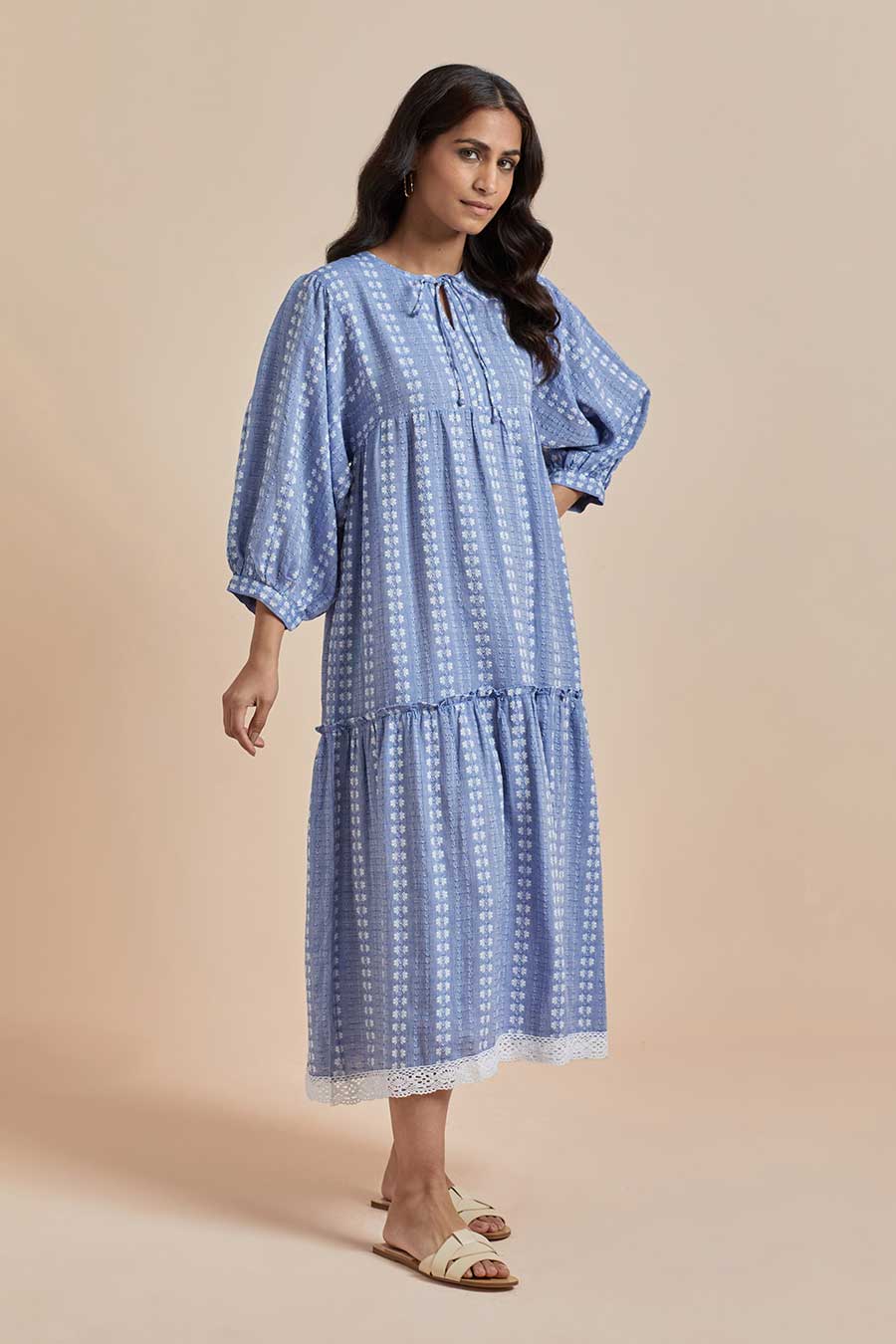 Blue Cotton Embroidered Tier Dress