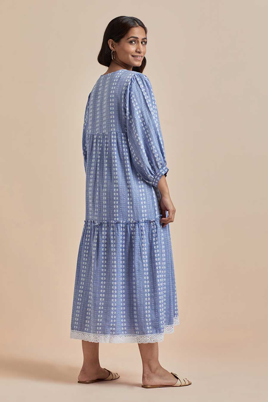 Blue Cotton Embroidered Tier Dress