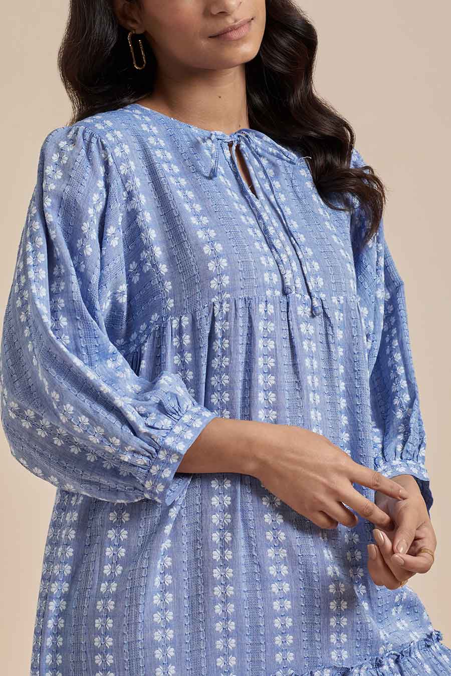 Blue Cotton Embroidered Tier Dress