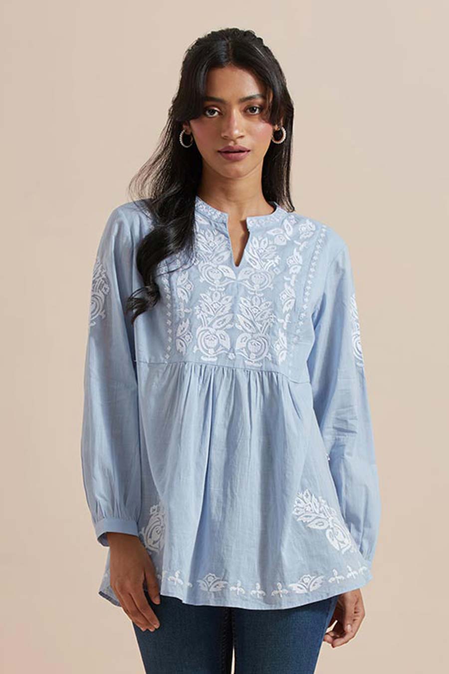 Blue Cotton Embroidered Top