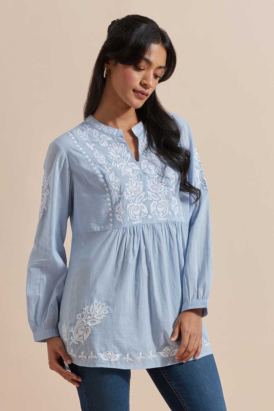 Blue Cotton Embroidered Top