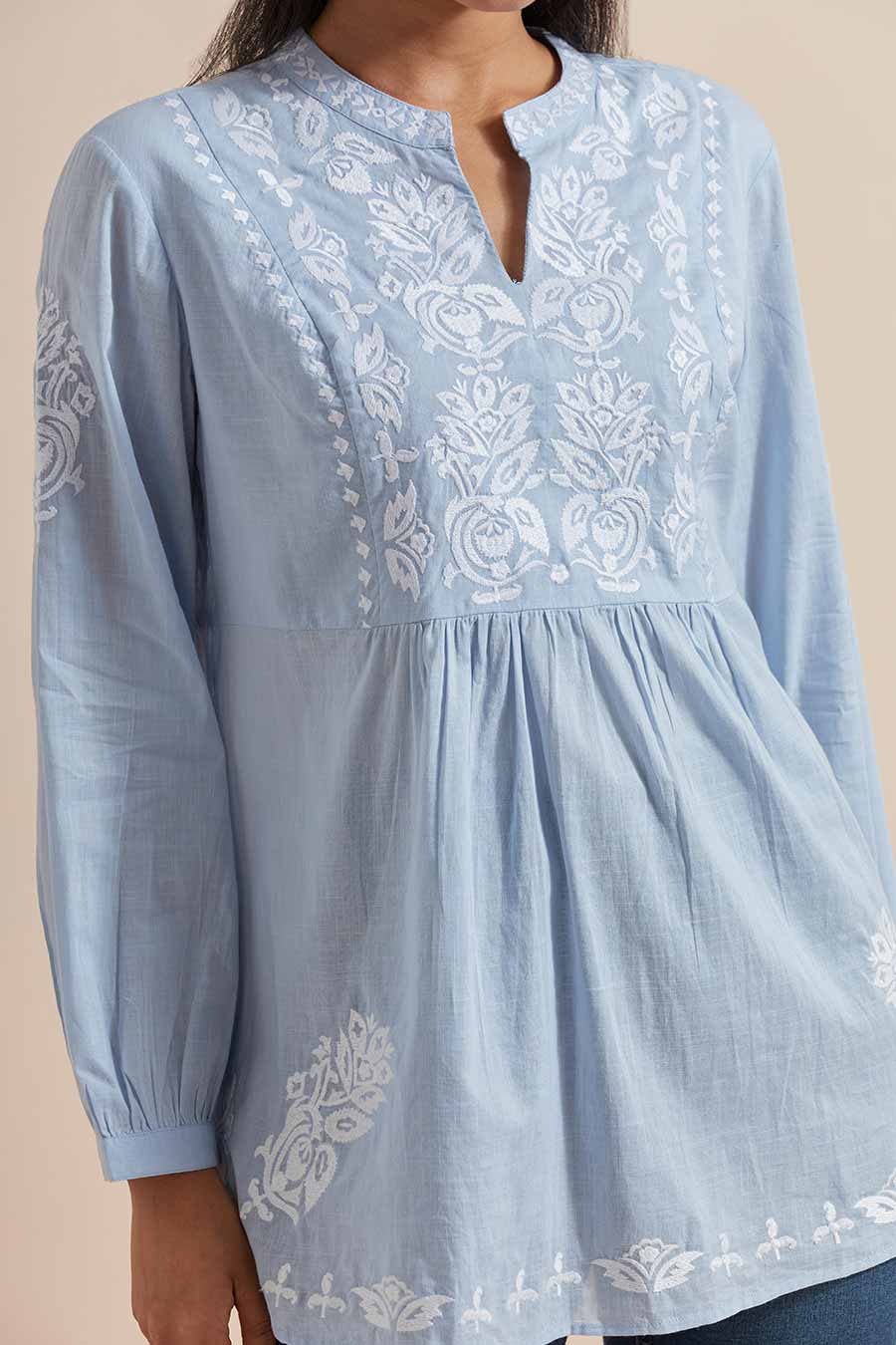 Blue Cotton Embroidered Top