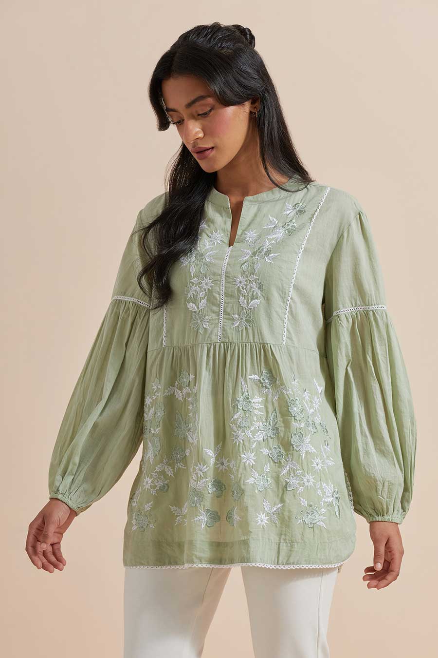 Green Cotton Embroidered Top