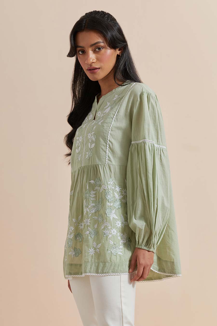 Green Cotton Embroidered Top