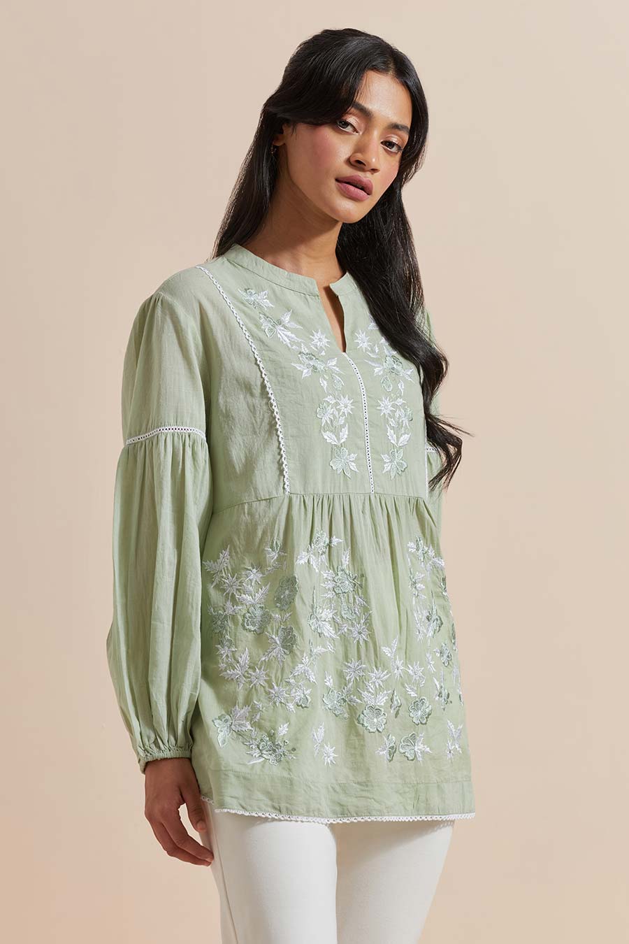 Green Cotton Embroidered Top