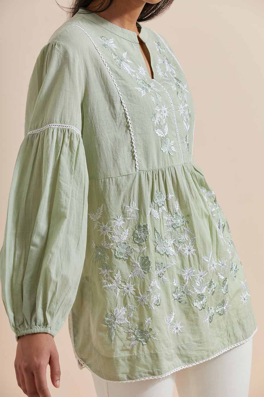 Green Cotton Embroidered Top