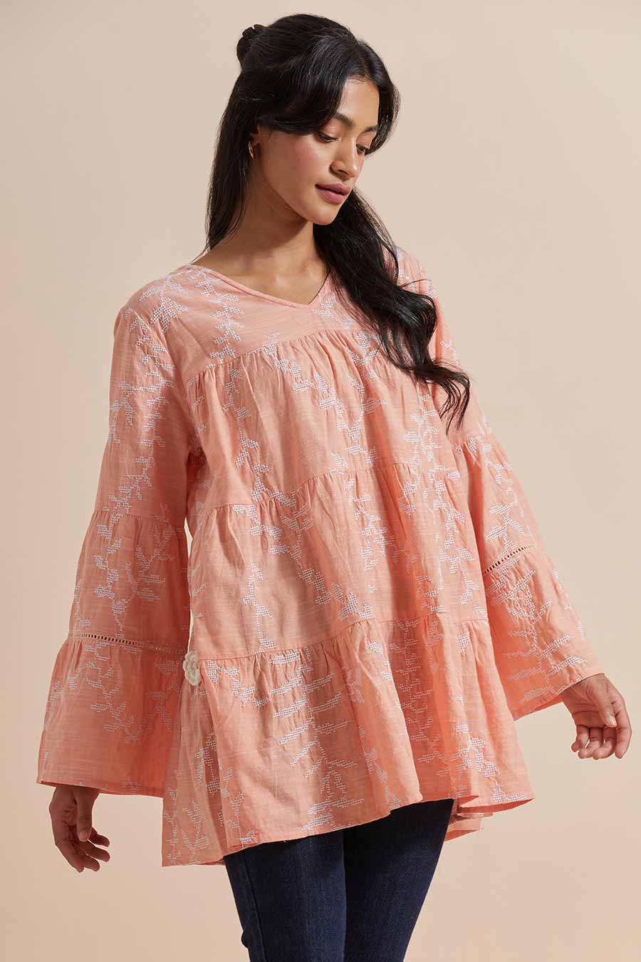 Orange Cotton Embroidered Top