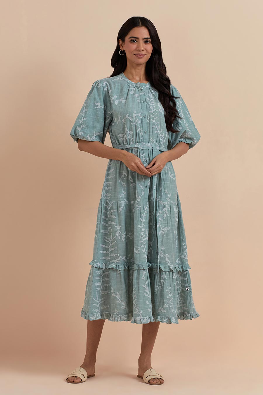 Green Cotton Embroidered Dress