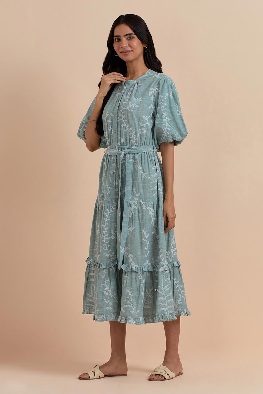 Green Cotton Embroidered Dress