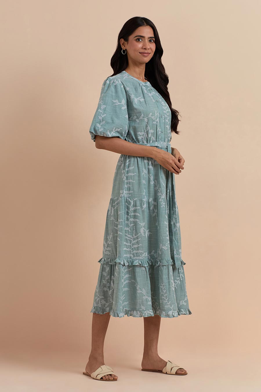 Green Cotton Embroidered Dress