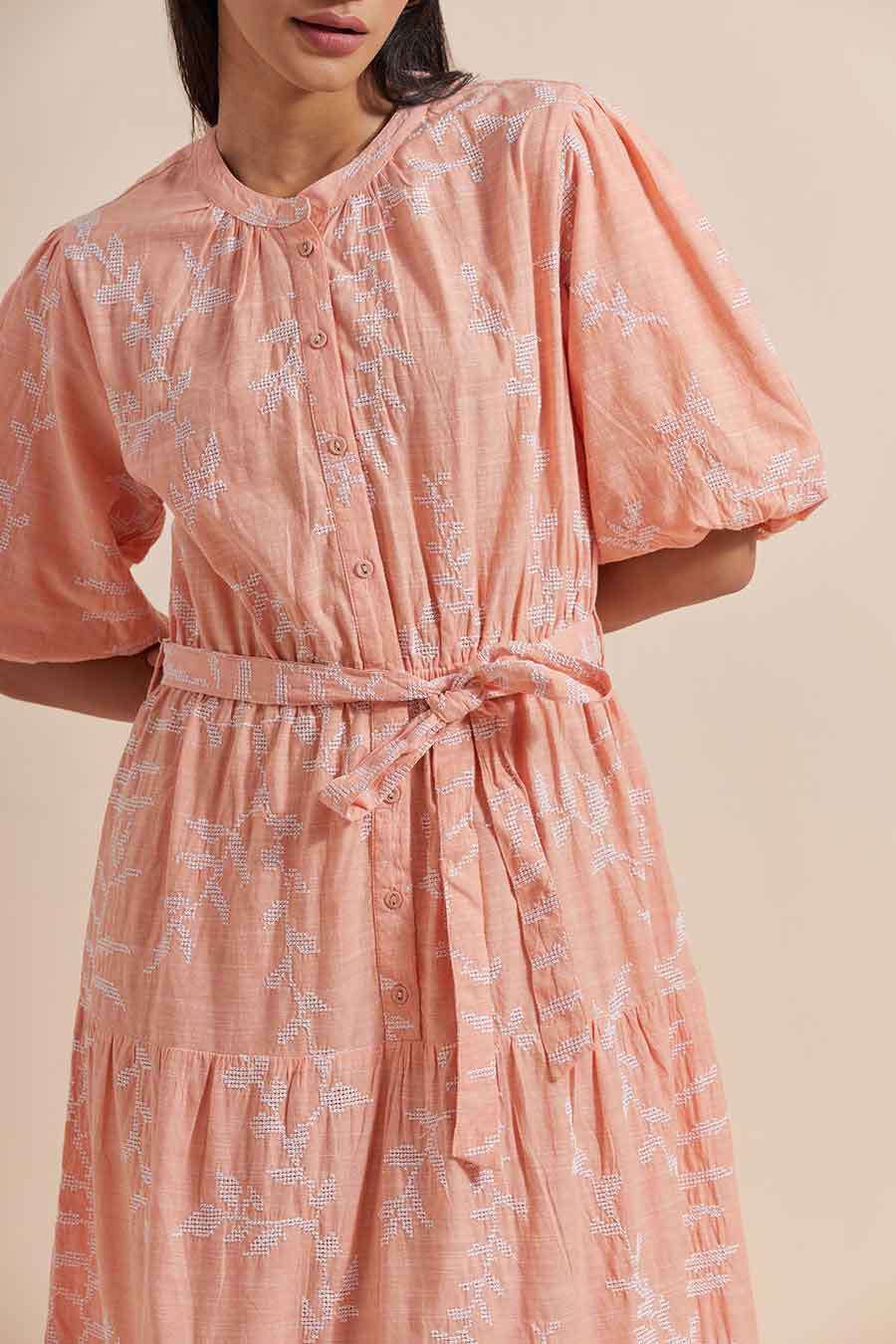 Orange Cotton Embroidered Dress