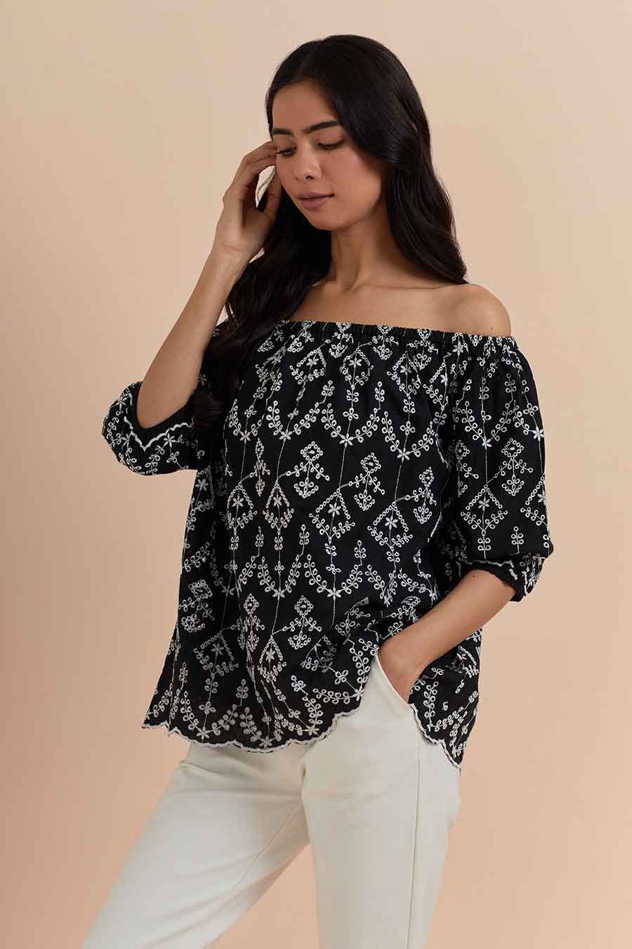 Black Off-Shoulder Embroidered Top