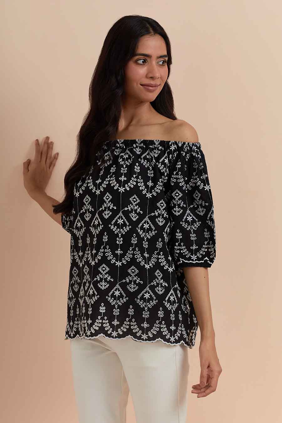 Black Off-Shoulder Embroidered Top