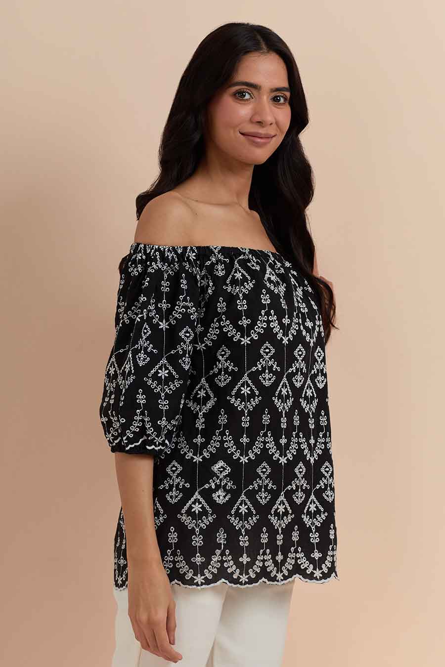 Black Off-Shoulder Embroidered Top