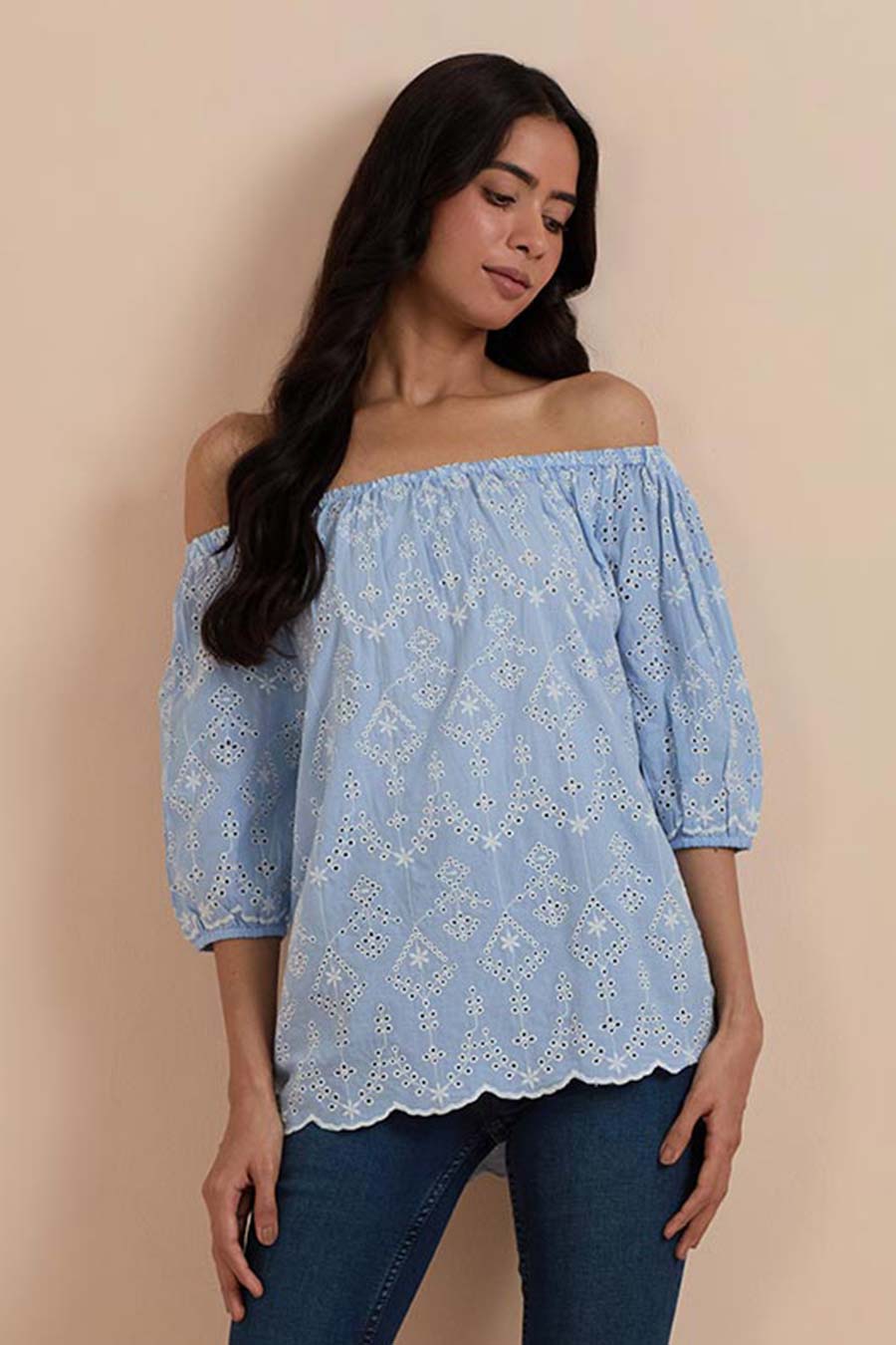 Blue Off-Shoulder Embroidered Top