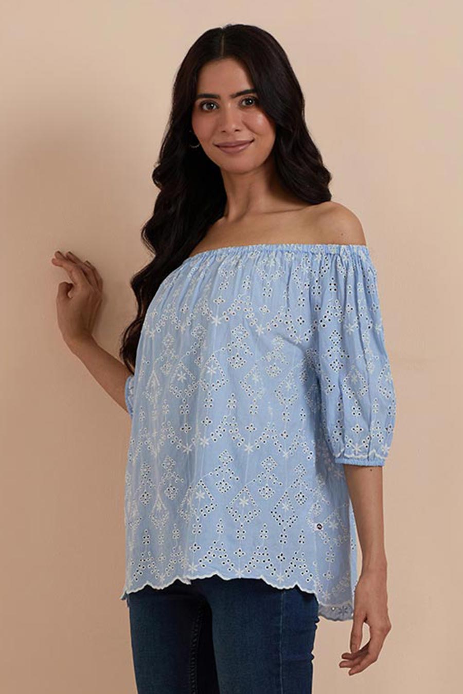 Blue Off-Shoulder Embroidered Top