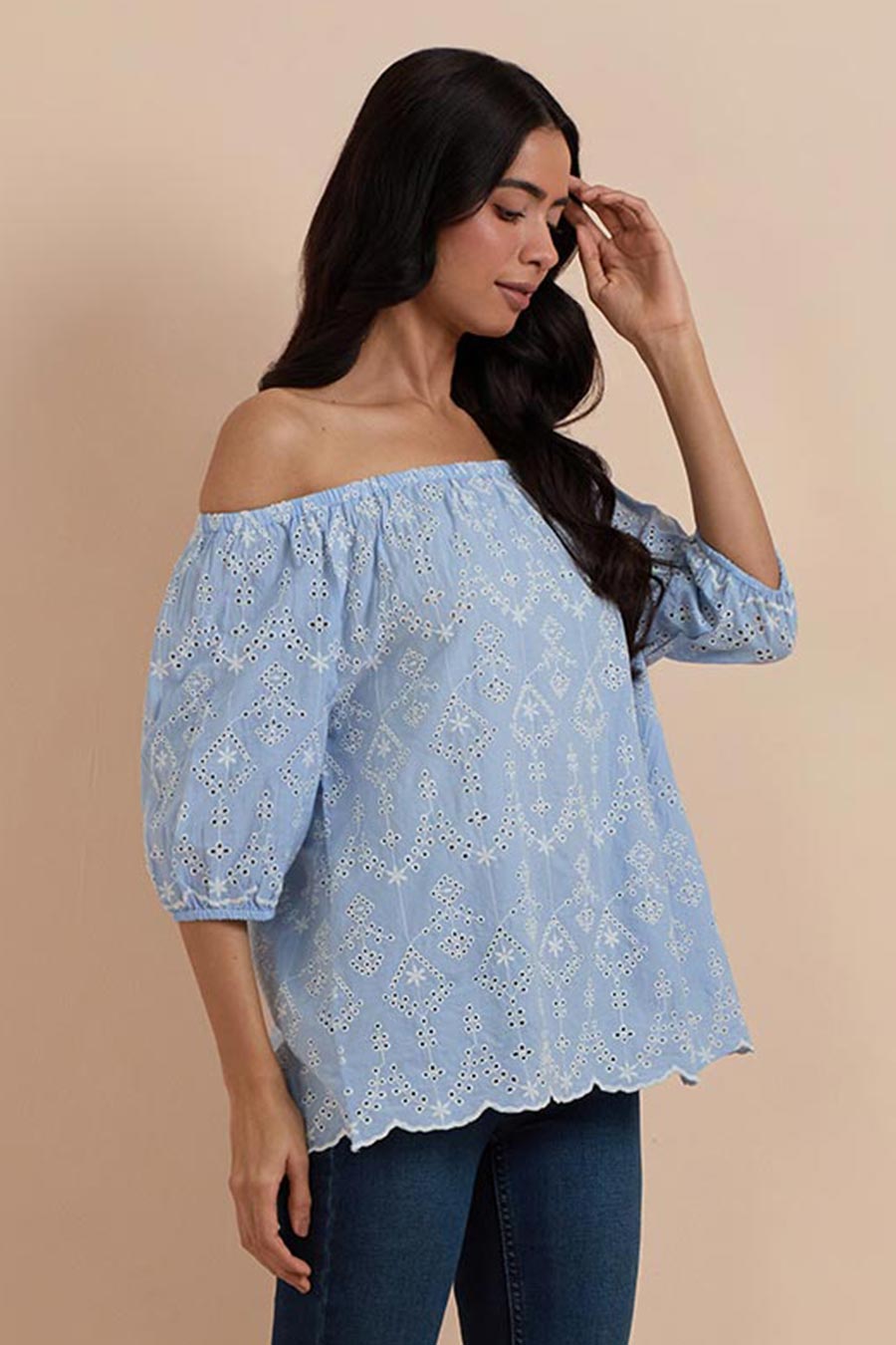 Blue Off-Shoulder Embroidered Top